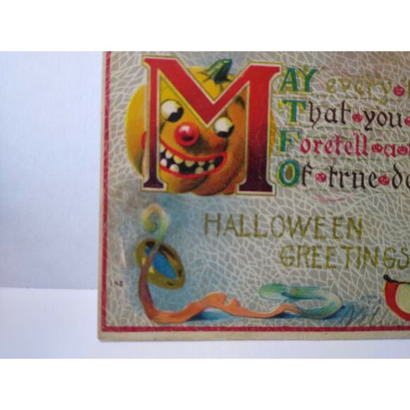 Halloween Postcard Fantasy Goblin Pumpkin Candle HIR 142 Original Freeport NY - Picture 5 of 5